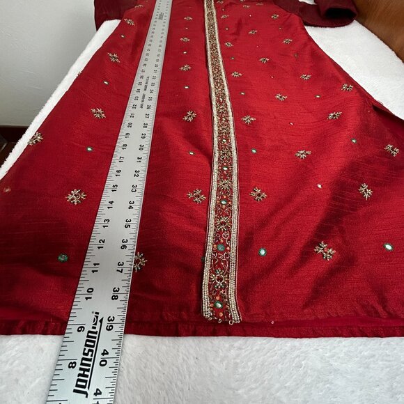Vintage Satellite Mens Red Embellished Long Kurta Size 14 Long Sleeve Pockets - Picture 10 of 14
